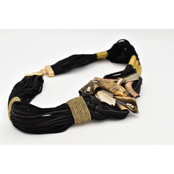 Vintage Made In Italy Waist Belt Mayan Metal Black Weaved Crystal Chunky 26" - Picture 9 of 12